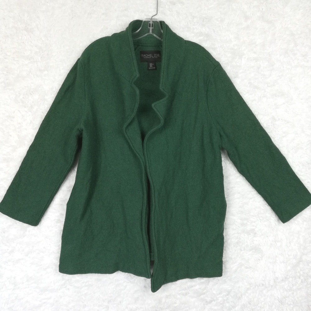 Rachel Zoe Womens Cardigan Jacket Wool Blend Dark Green Open Front Textured XL